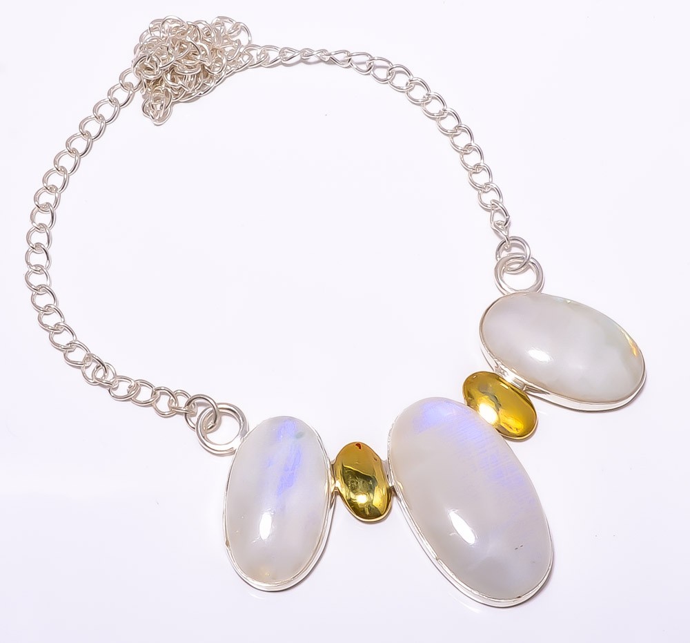 Rainbow Moonstone 925 Sterling Silver Two Tone Handmade Necklace 16.17.99″ A364