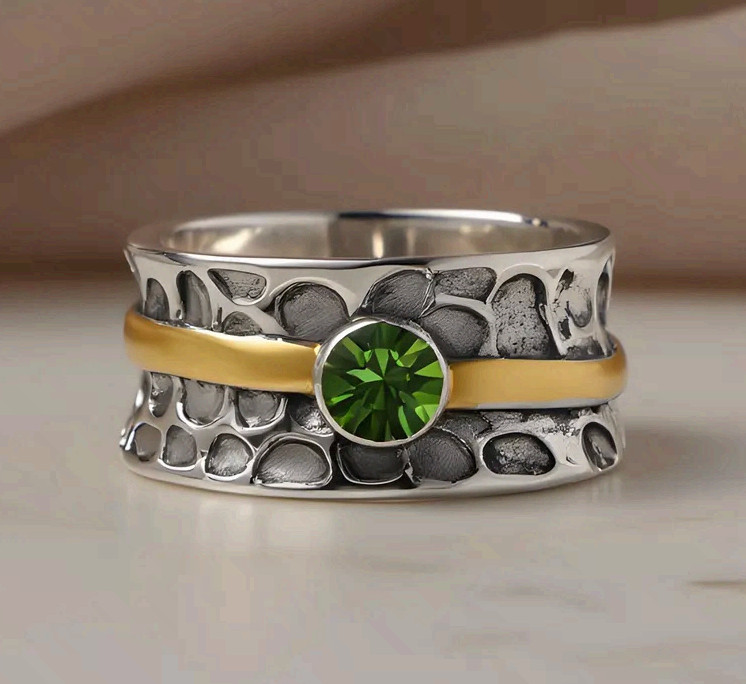 Surgical Steel Ring Green Zirconia Two Tone Gold Band