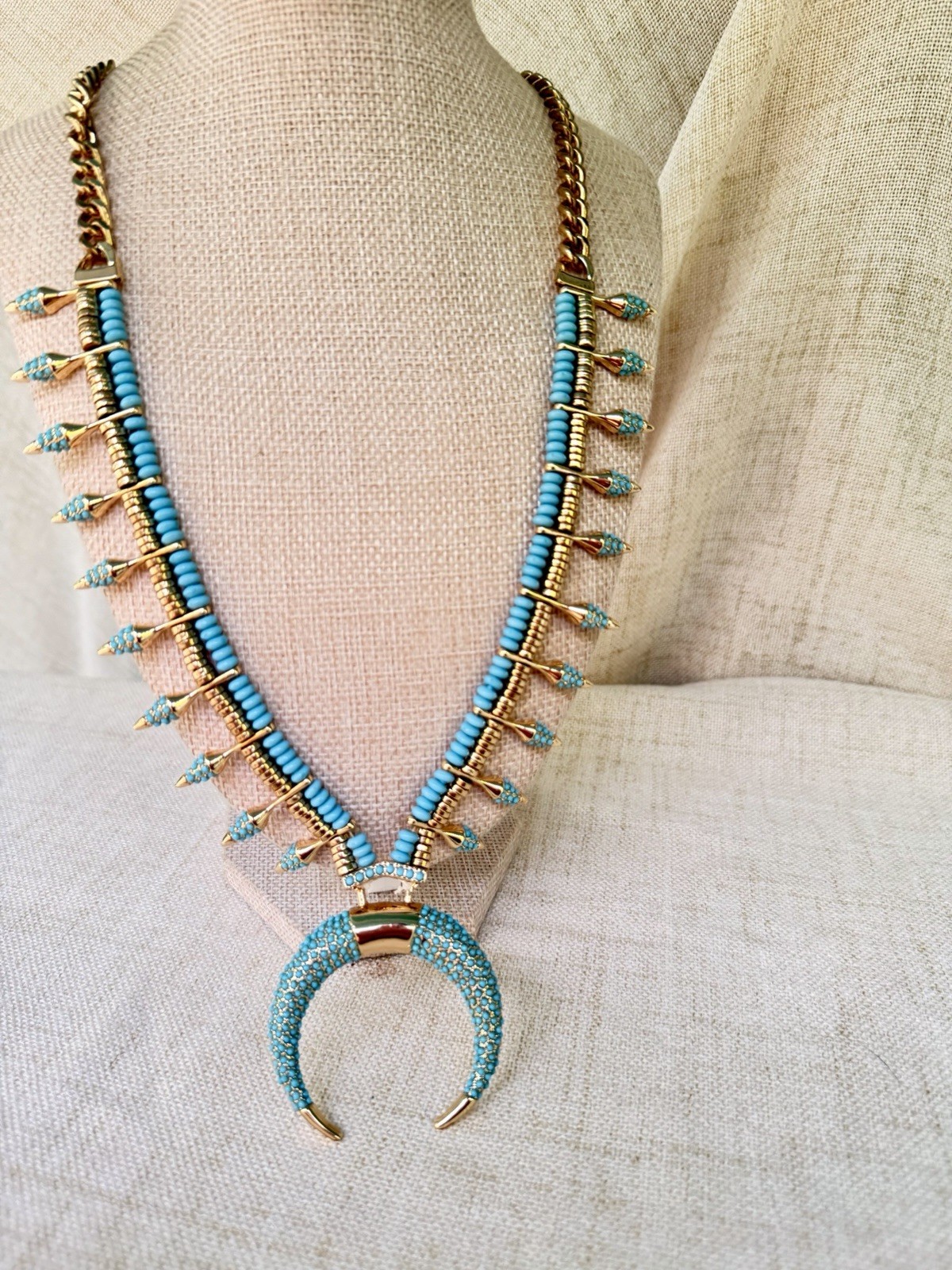 Modern Atterri Turquoise Beaded Crescent Horn Necklace Gold Tone Boho