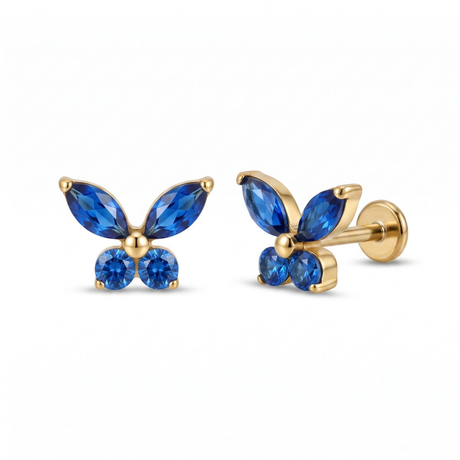 Birthstone Butterfly Flat Back Earrings 14K Gold Plated Titanium Labret 16G