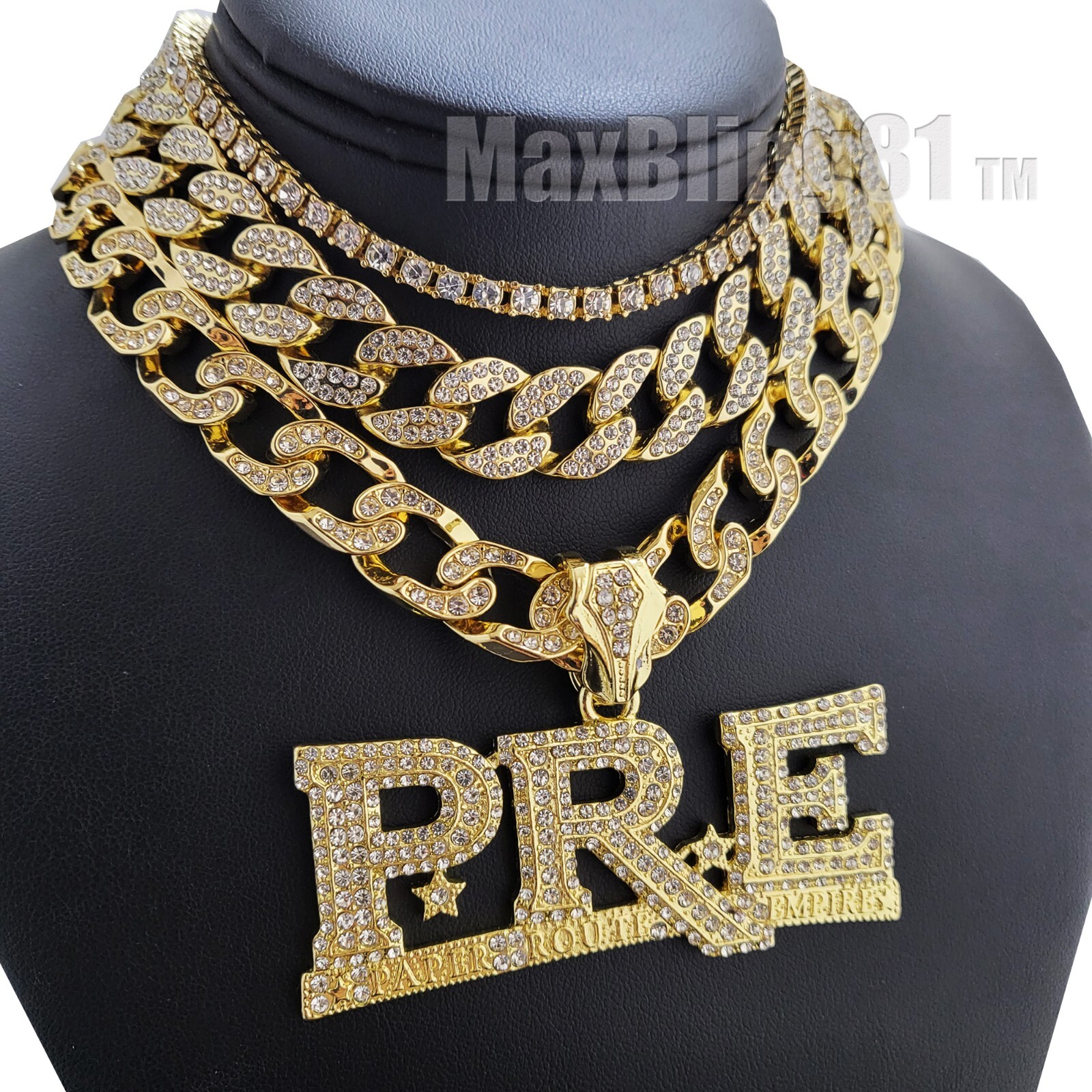 Gold Plated Alloy Large PRE & Iced Cubic Zirconia Cuban & Tennis Chain Necklace