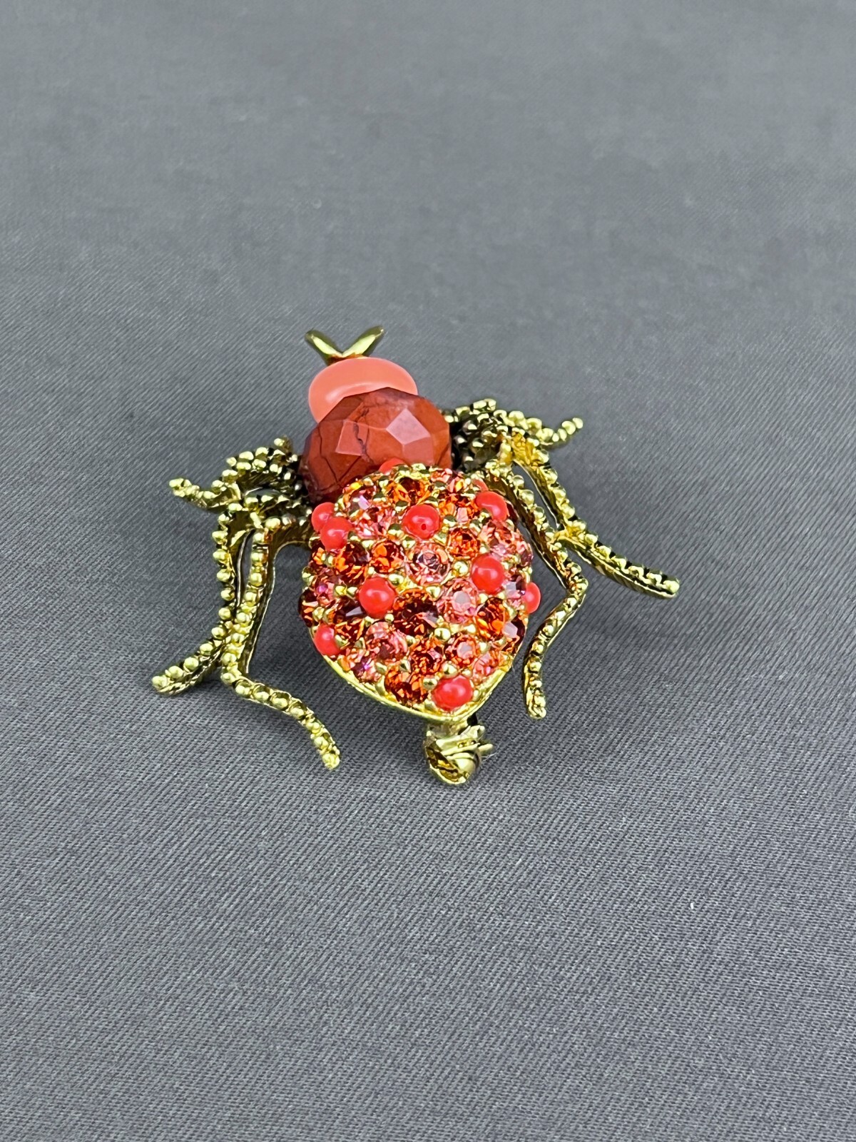 2 Joan Rivers Carnelian Spider & Faux Jade Just Do It Bee Brooches w/Crystals