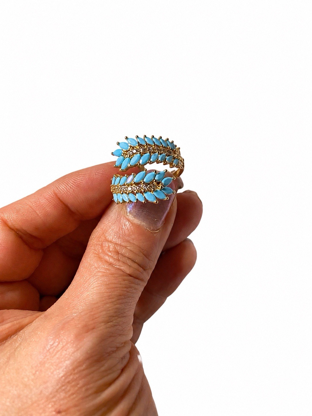Gold Tone Turquoise CZ Wrap Statement Ring Adjustable Size 7+
