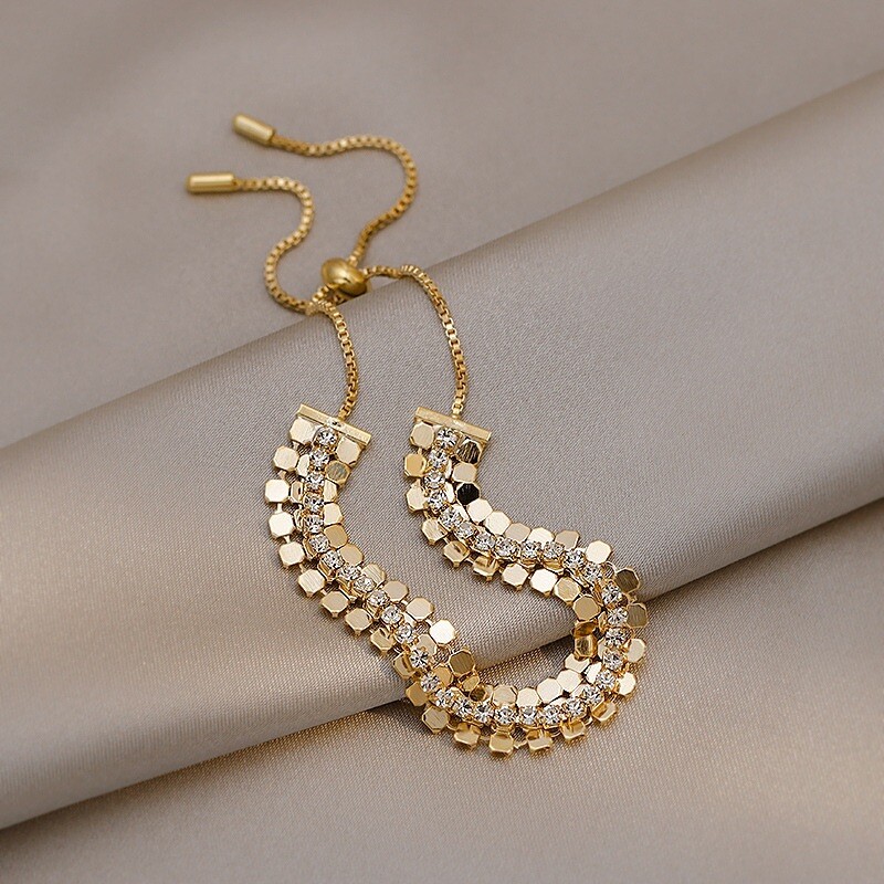 18K Gold Plated Adjustable Crystal Metal Sequin Charm Bracelet for Women Gifts