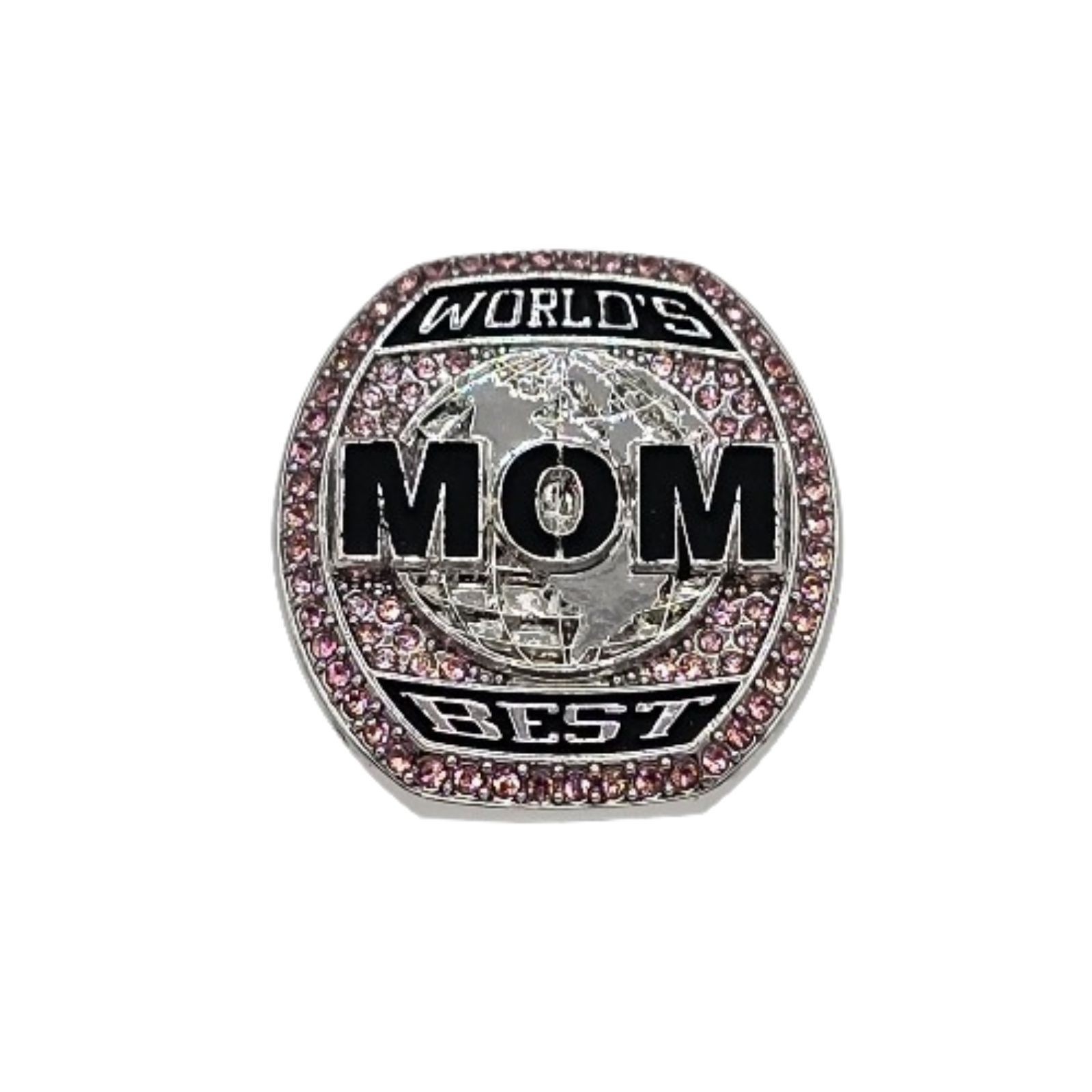 World’s Best Mom Ring, Silver Championship Style Pink Crystals American Flag