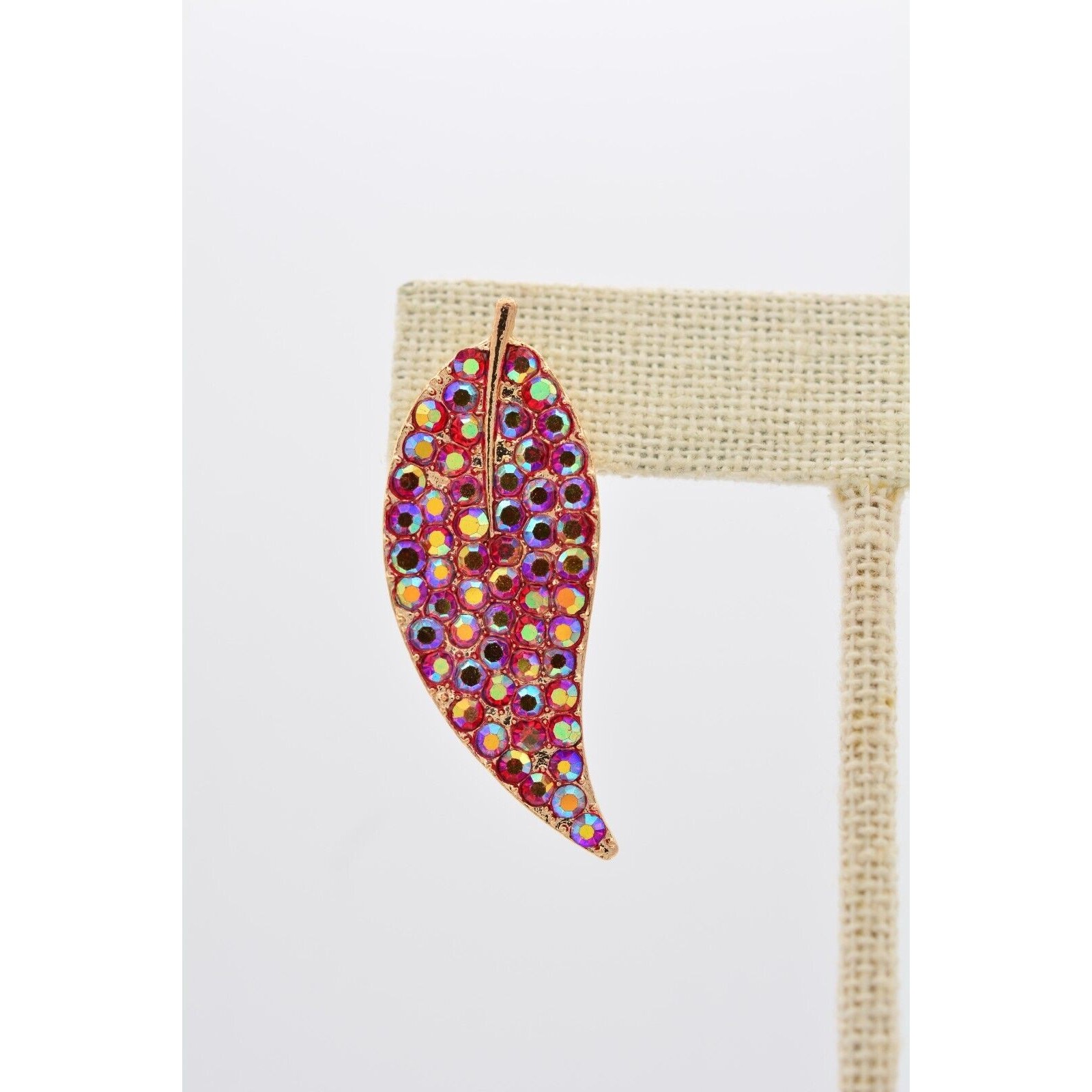 Crystal Leaf Earrings Red Rhinestone Aurora Borealis Gold Tone Sparkling BinAA