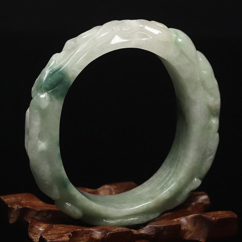 53mm White Green Jadeite Jade Bangle Bracelet Hand-carved Dragons 07709