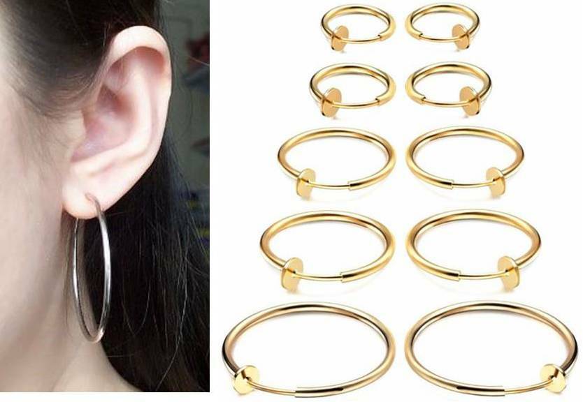 1 Pair Spring Clip On Hoop Earrings Goldtone Small:1/2″,13mm to XL:2 5/16″,60mm