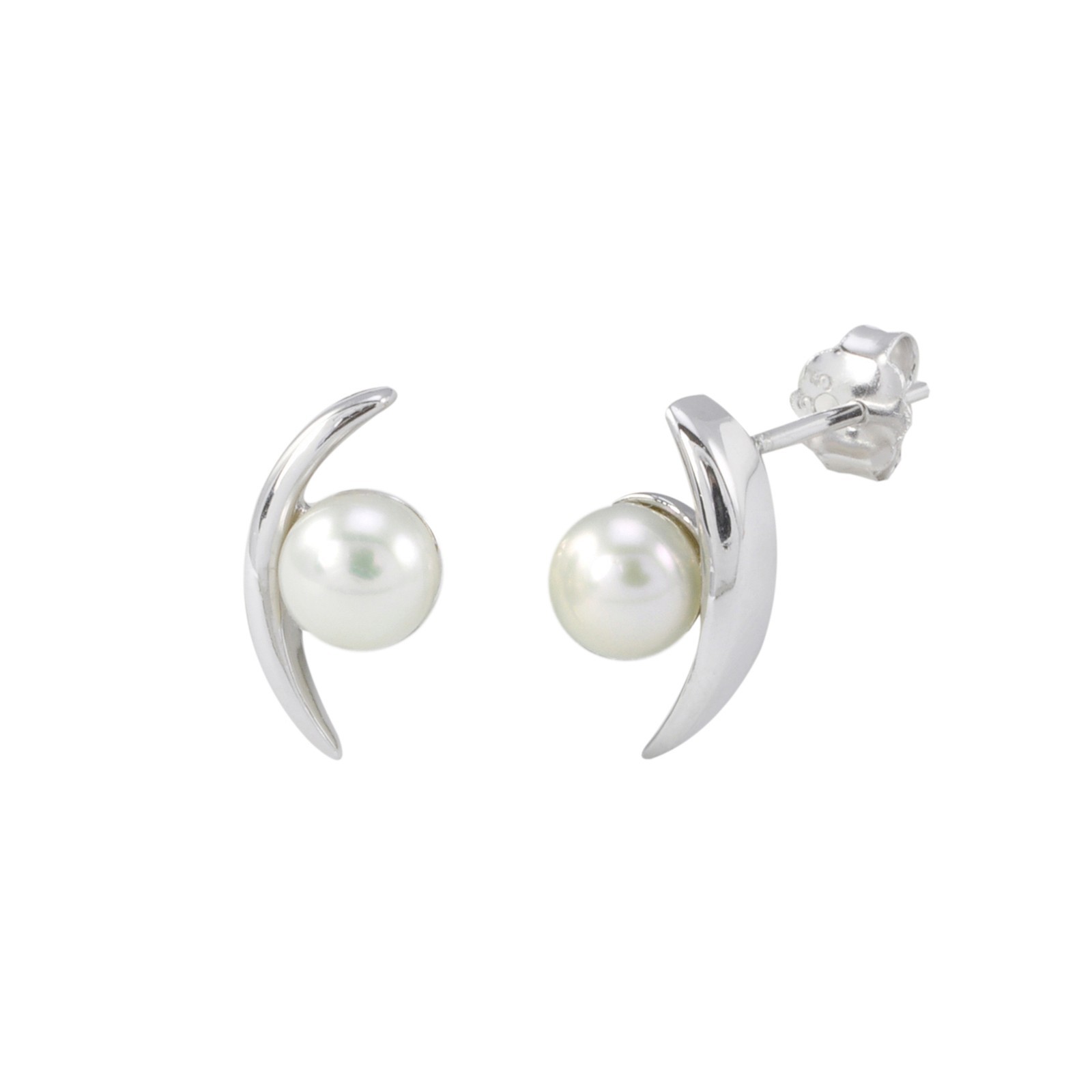 White Pearl Stud Earrings with High Polished Curved Bar .925 Sterling Silver