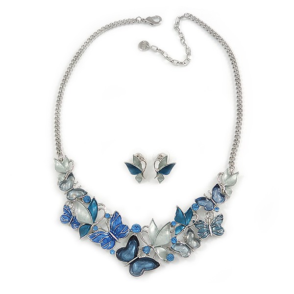 Romantic Blue Glass, Enamel, Crystal Butterfly Cluster Necklace and Stud