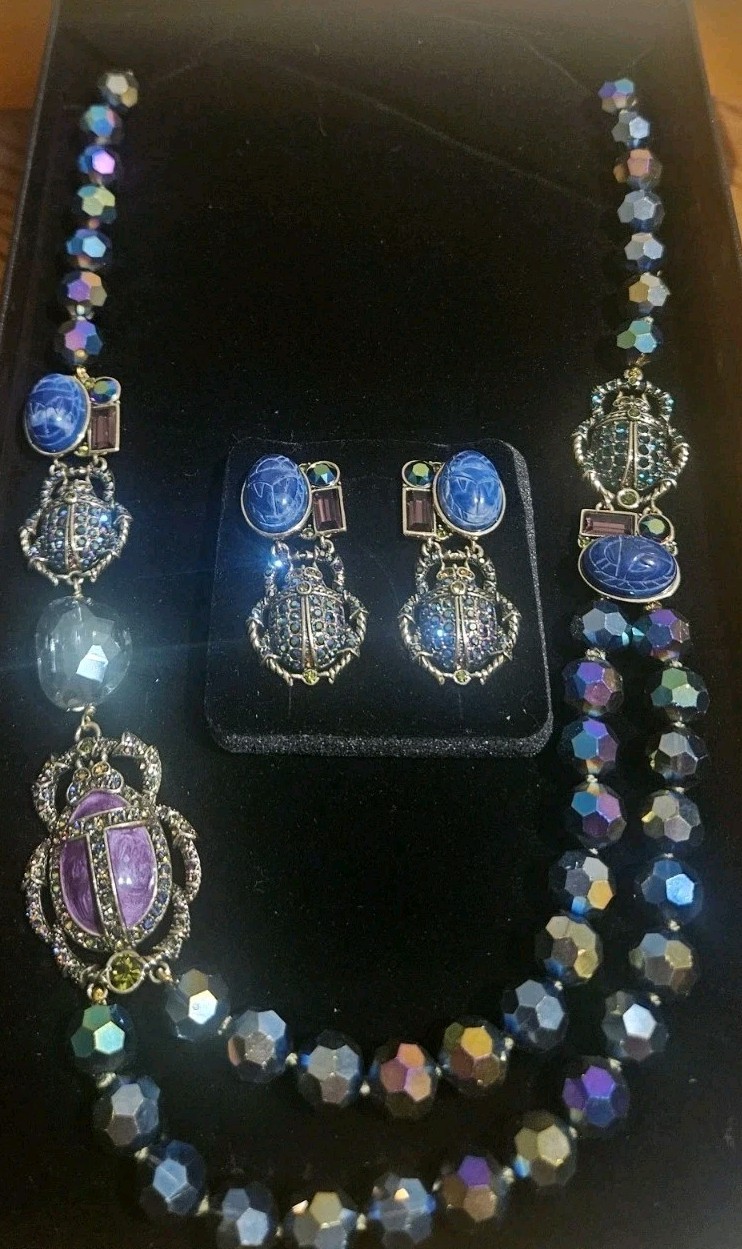 Heidi Daus Scarab Beetle Necklace Earrings Crystal Egyptian Revival Very Rare