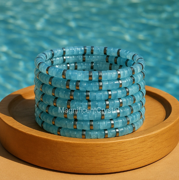 5PCS Natural Aquamarine Hematite Bracelet Blue March Birthstone Jewelry Gifts