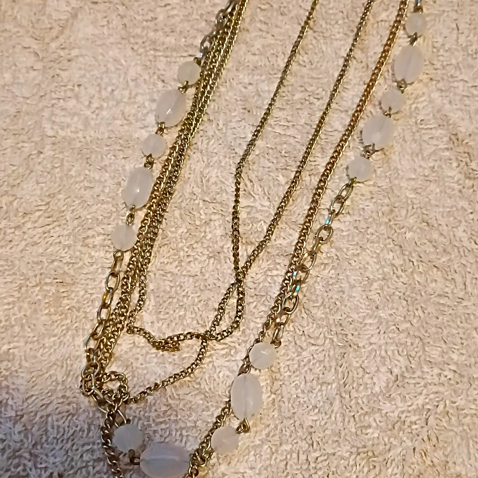 Gold Tone Multi-Strand Cable Chain Necklace with White Round Beads