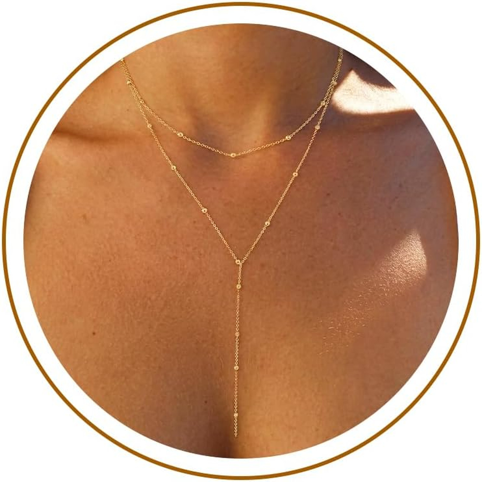 Gold Y Necklace for Women, Dainty Long Lariat Chain 14k Gold Plated Beaded