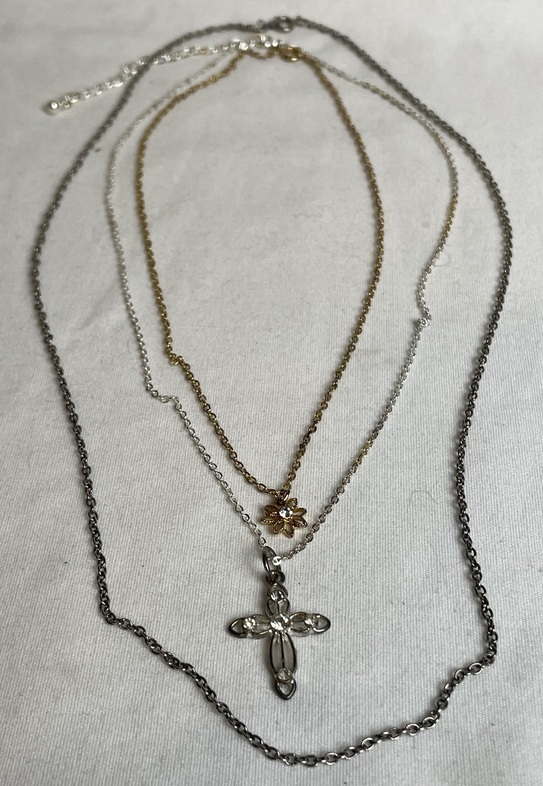 3 Silver Gold Tone Layered Necklaces 16-22” Flower Cross Pendant Rhinestones