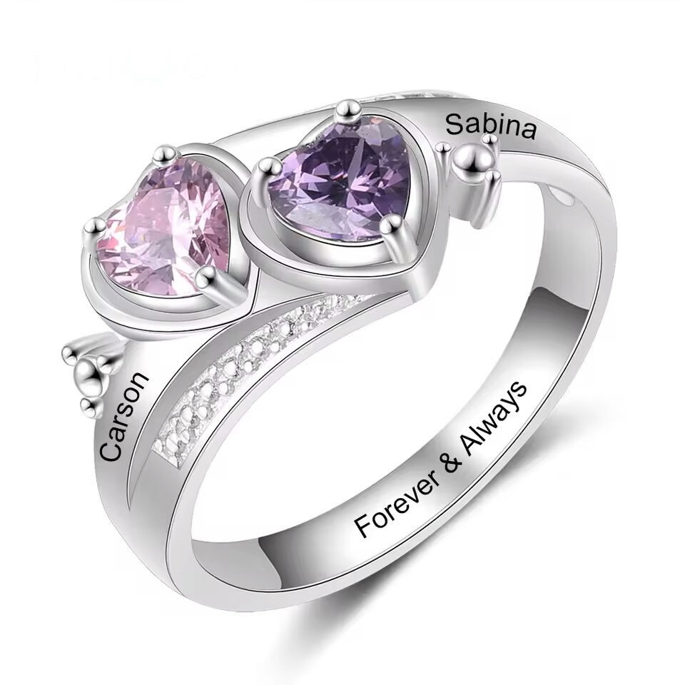 Customized Two Name Birthstone Ring Engraved Jewelry Partner Gift Romance Heart