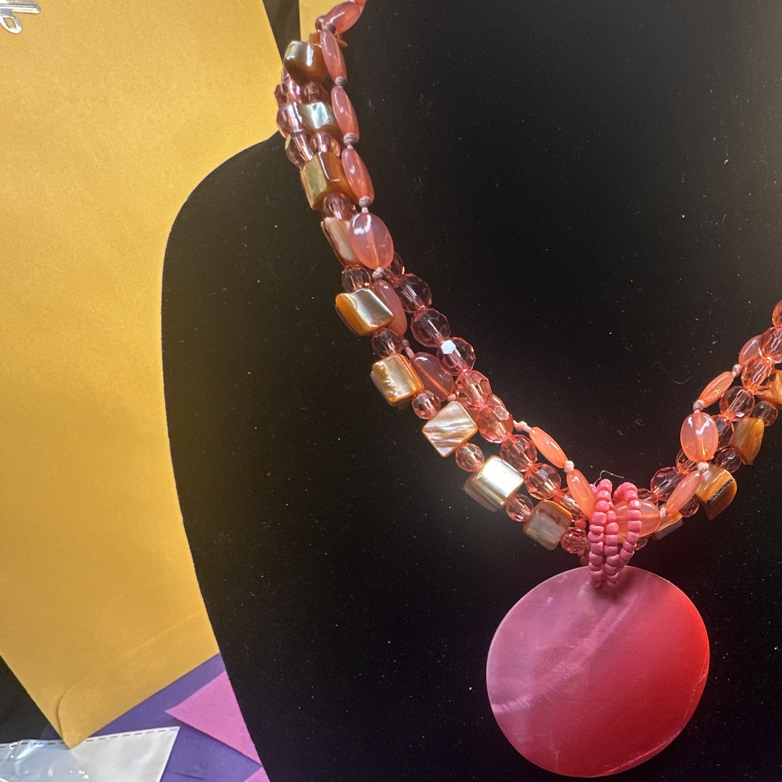 Pink Shell Beaded Statement Necklace, Round Charm Pendant, Adjustable Lobster