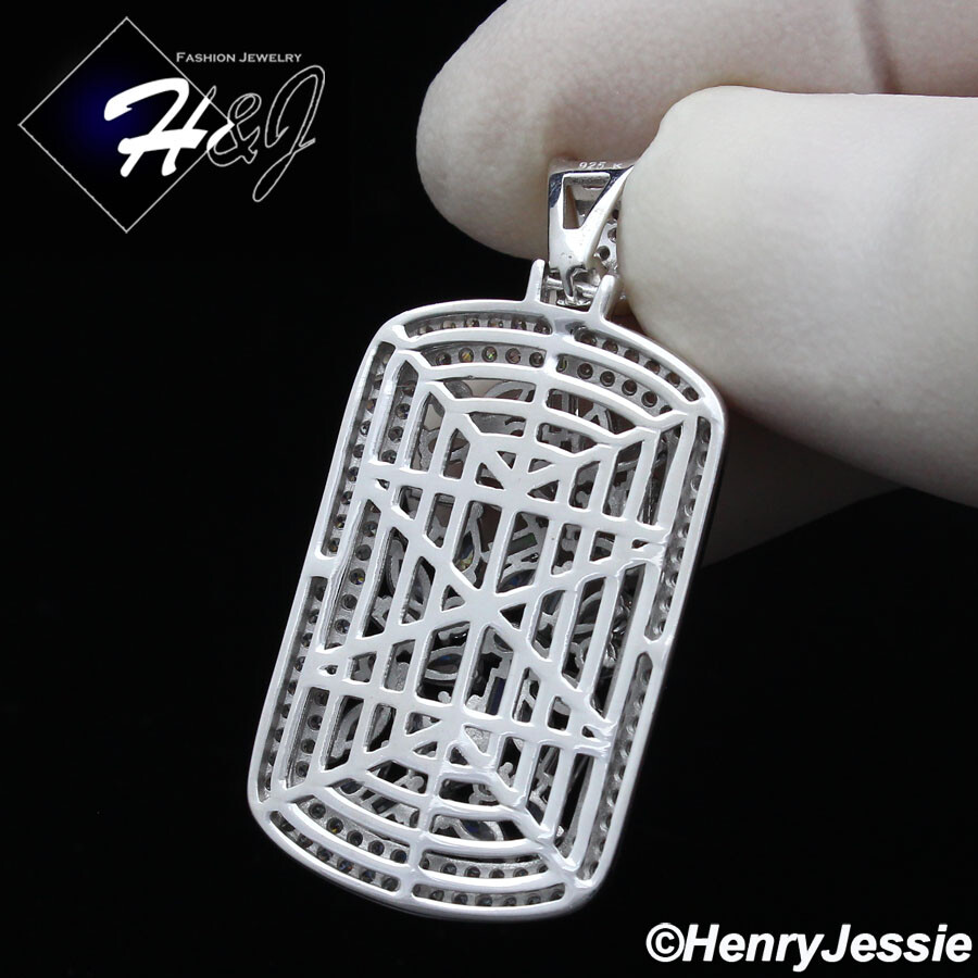 MEN WOMEN SOLID 925 STERLING SILVER ICY BAGUETTE CZ DOG TAG CHARM PENDANT*SP251