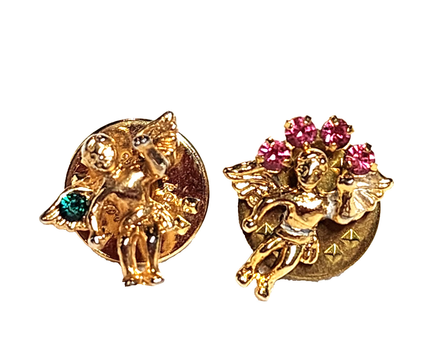 Lot Of 2 Vintage Guardian Angel Cherub Pins Pink & Green Rhinestones Gold Tone