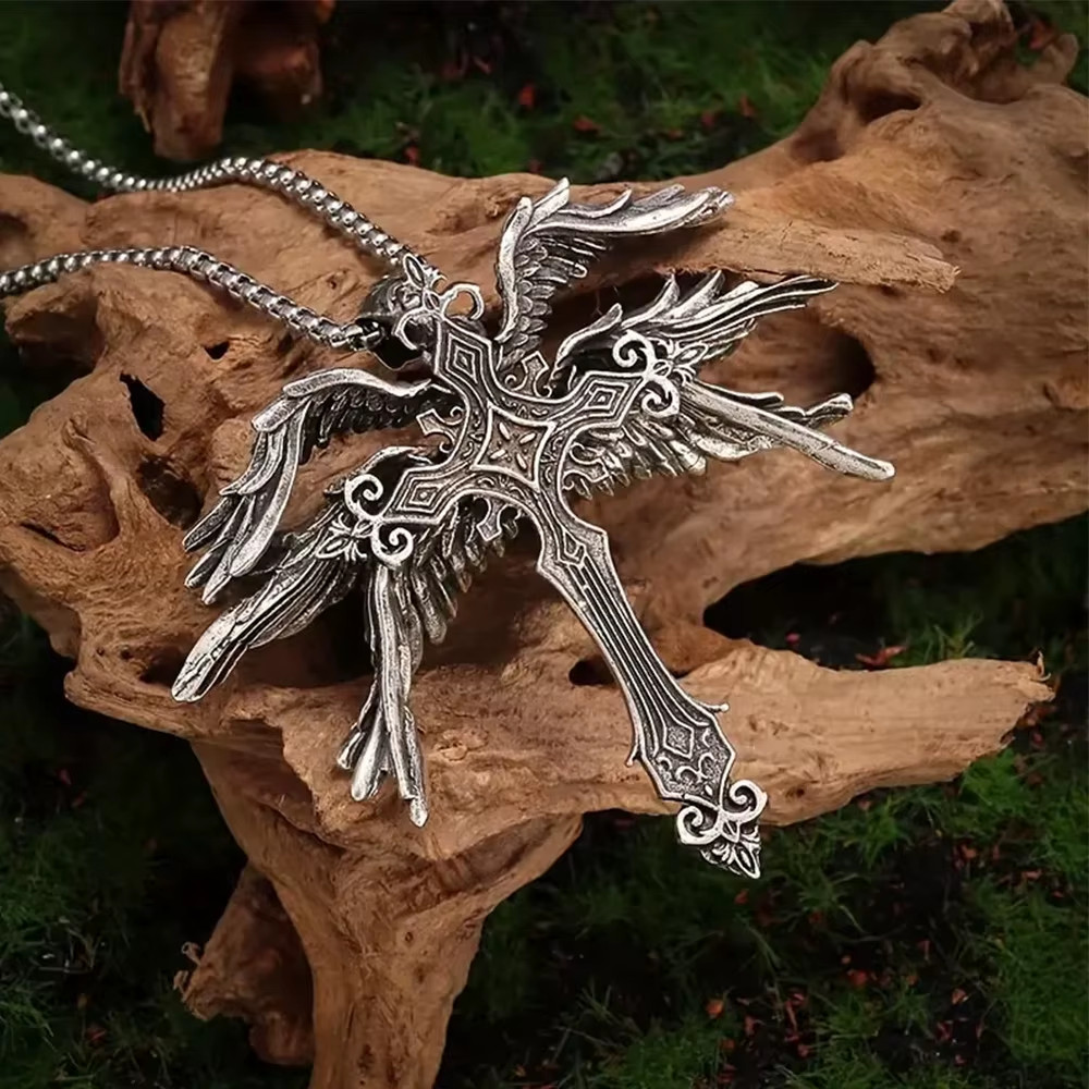 Classic Retro Angel Wings Cross Pendant 6.8×6cm (2.7×2.4in) Zinc Alloy Necklace