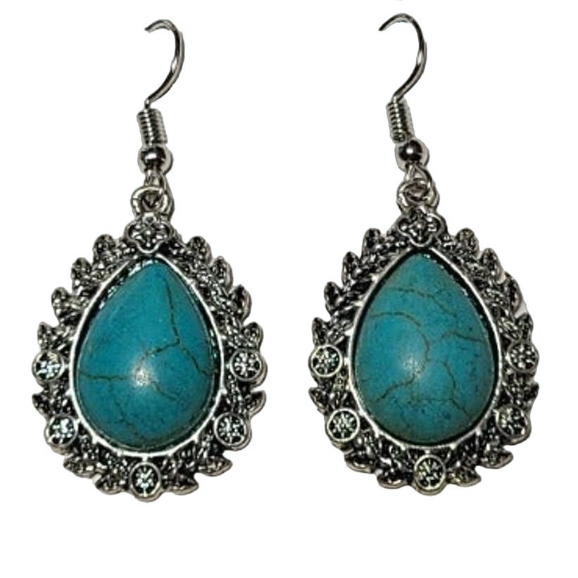 Silver Turquoise Stone Dangle Drop Fashion Earrings