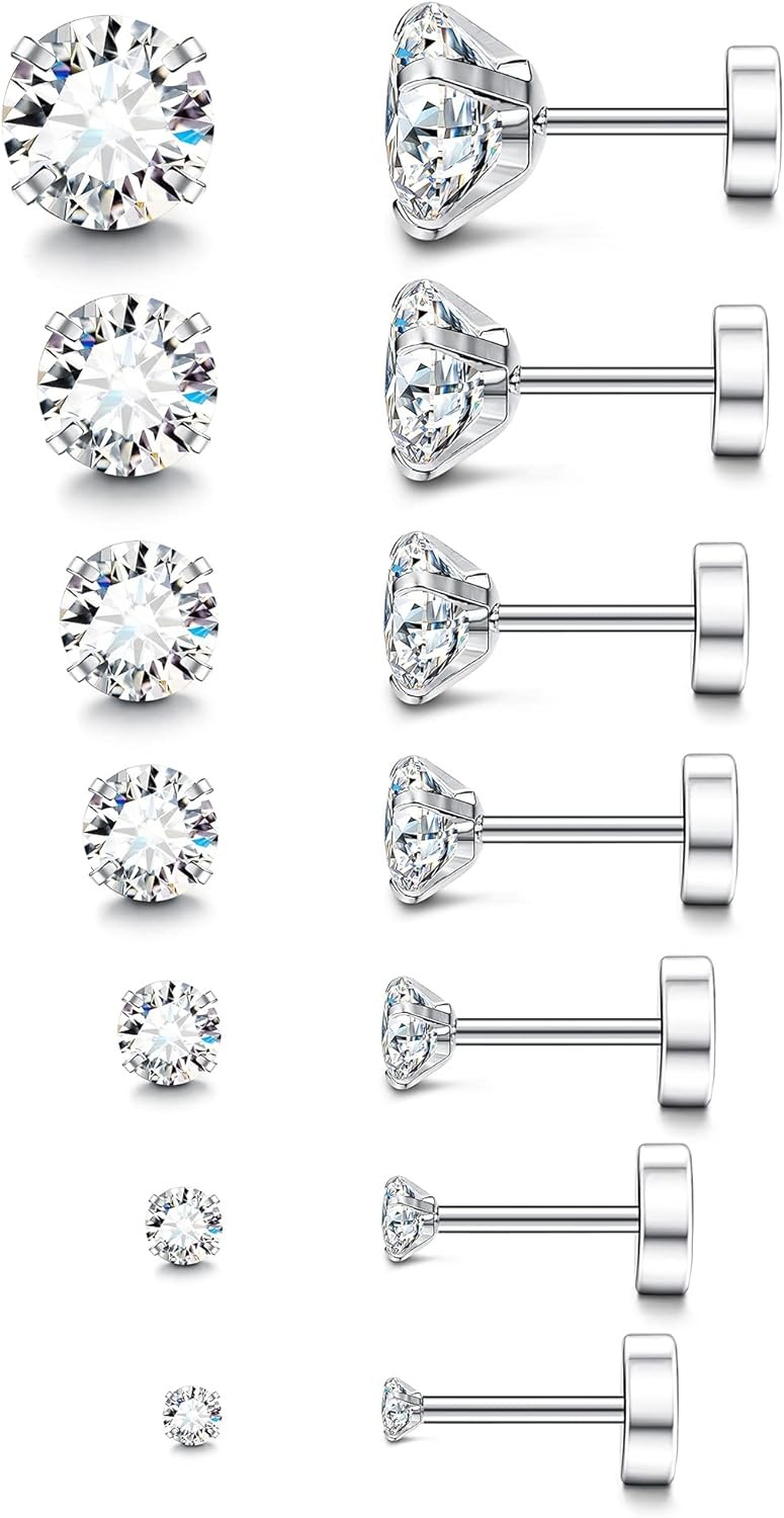 Fansilver 20G Hypoallergenic Flat Back Earrings for Women A. 7Pairs, 2-8mm cz
