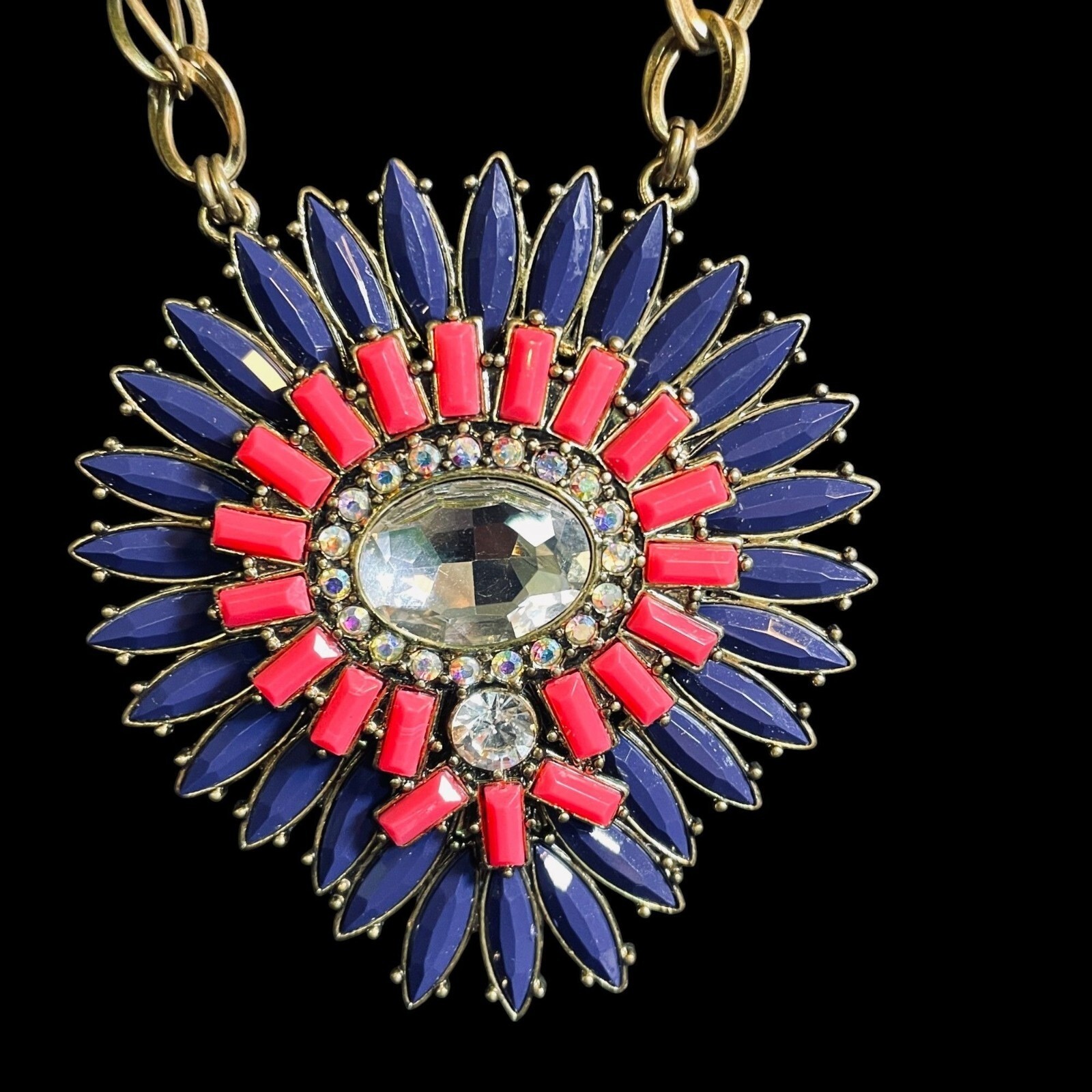 Reversible Statement Necklace Red Blue Orange Crystal Pendant Boho Festival
