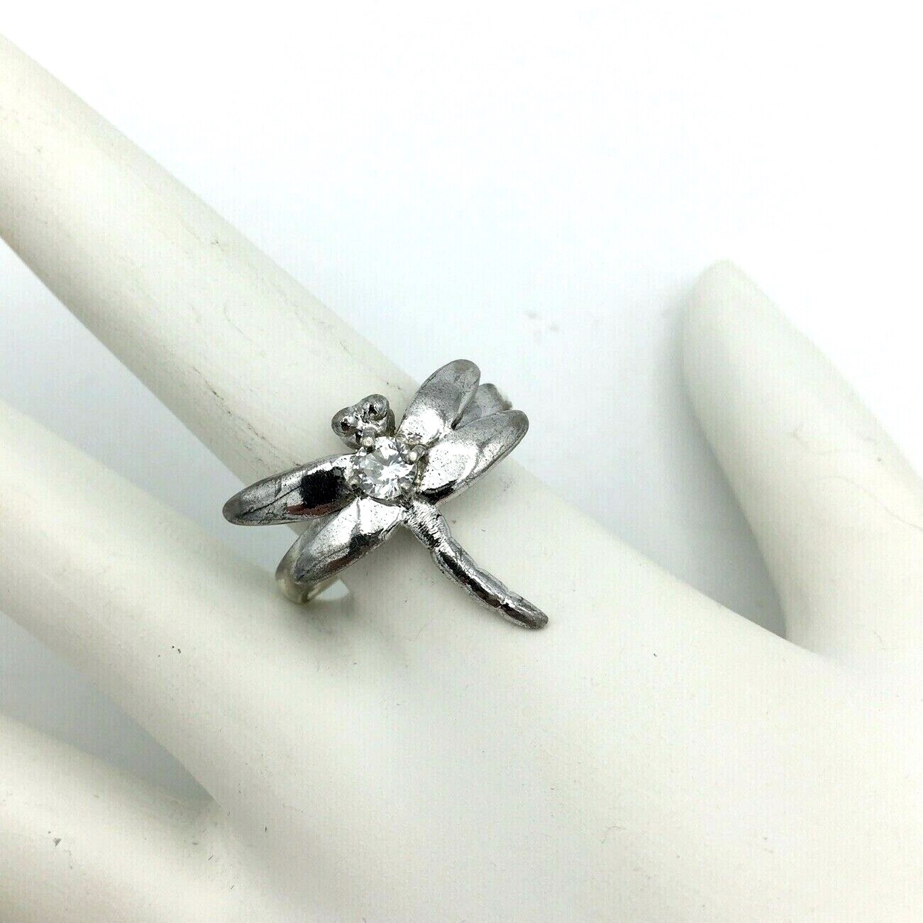DRAGONFLY ring sterling silver size 8.75 – clear glass rhinestone 925 insect bug