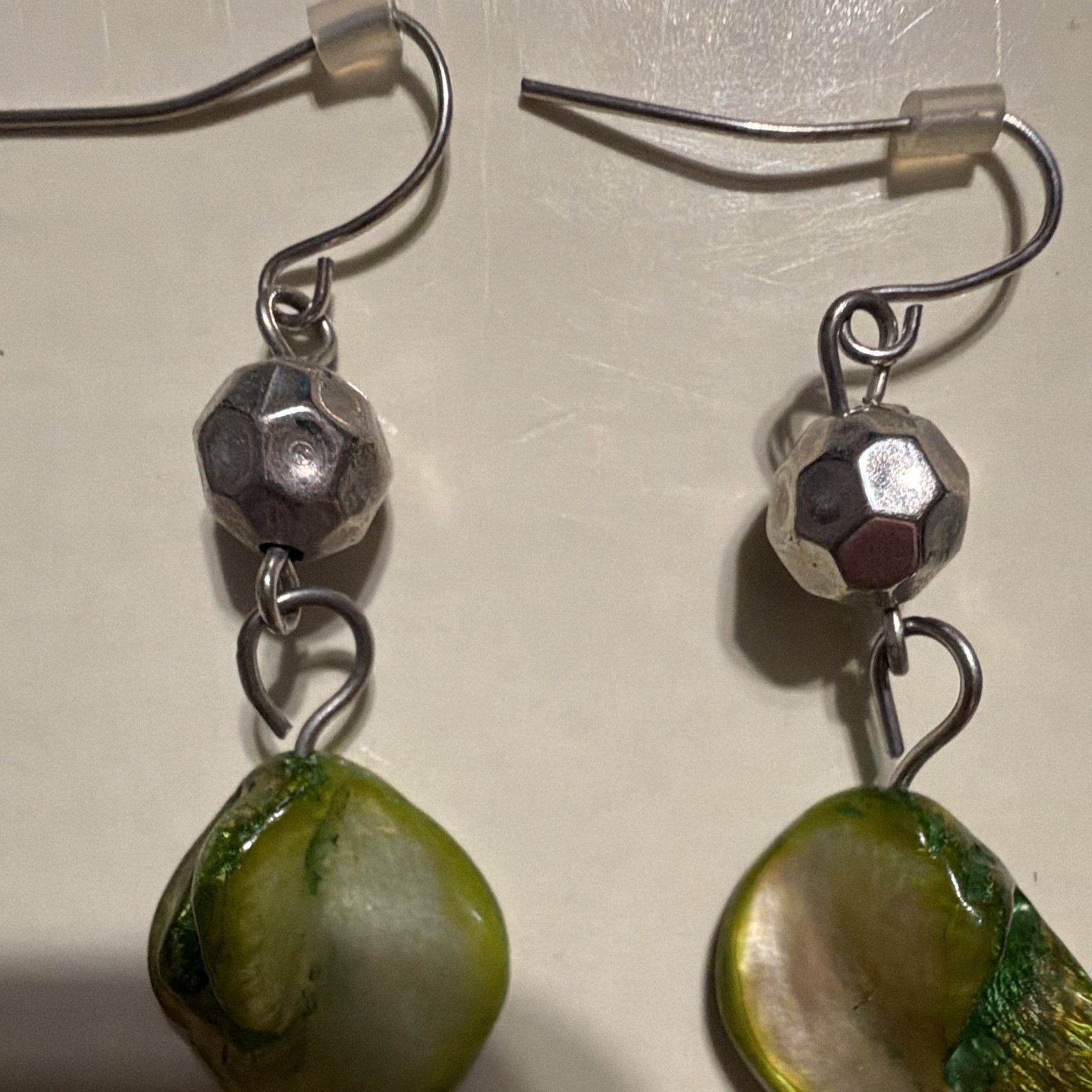 Green Shell Dangle Drop Earrings Hook Closure Silver-Tone Metal for Lobe