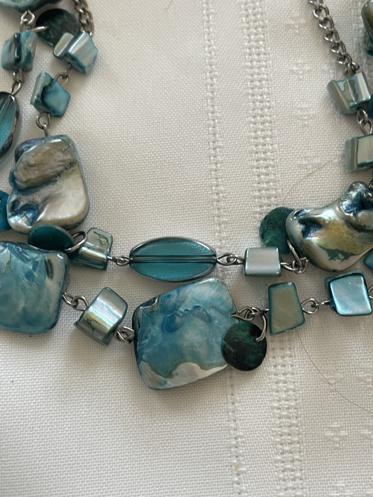 2 Iridescent Shell Bead & Metal Accent Necklaces / Pair Matching Clip Earrings