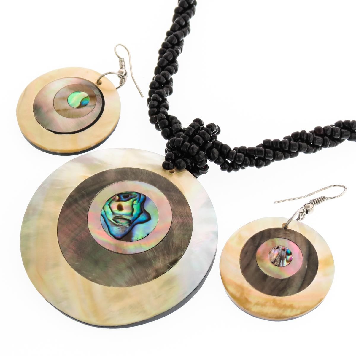 Mother Of Pearl Paua Abalone Black Beaded Necklace & Earring Set, 2″