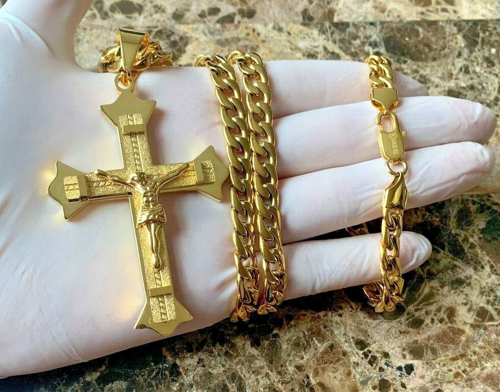 18-40″ Mens Stainless Steel Gold Cuban chain Necklace CROSS Pendant Bracelet 7mm