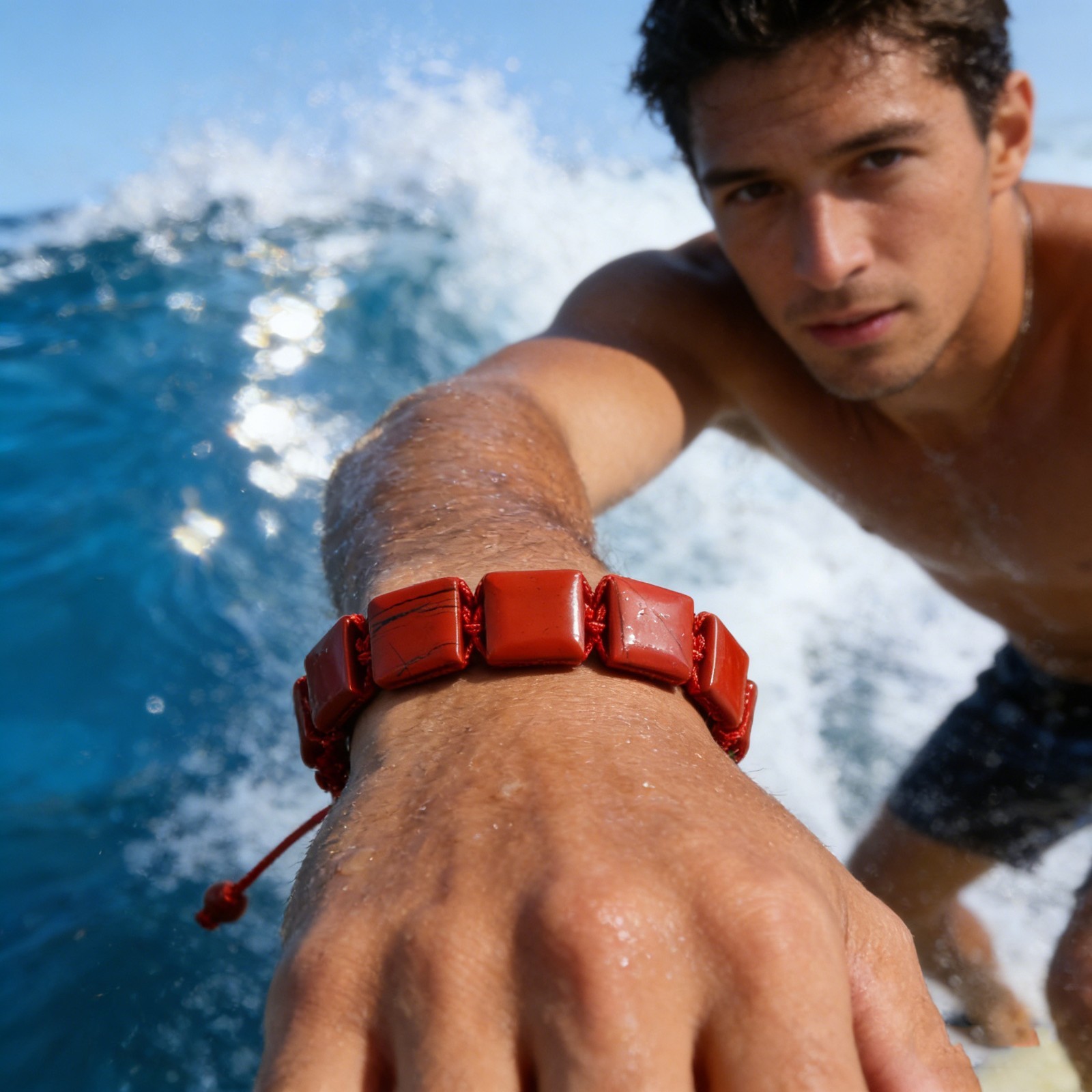 Natural Red Jasper Men Beaded Bracelet Red Crystal 10mm Square Beads Jewelry