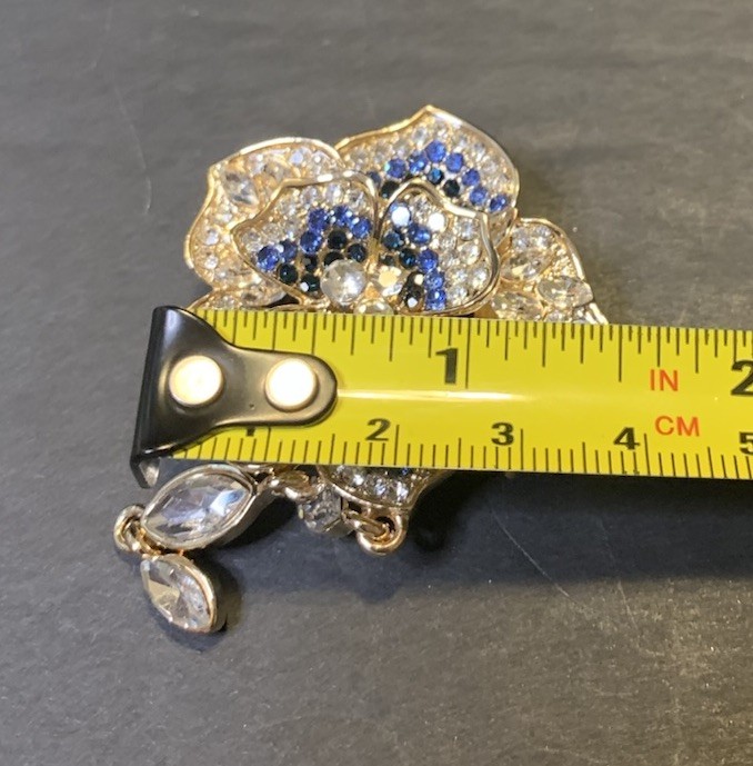 Designer Inspired Ombre Diamond Blue Crystal Flower Brooch Teardrop Dangle Gold