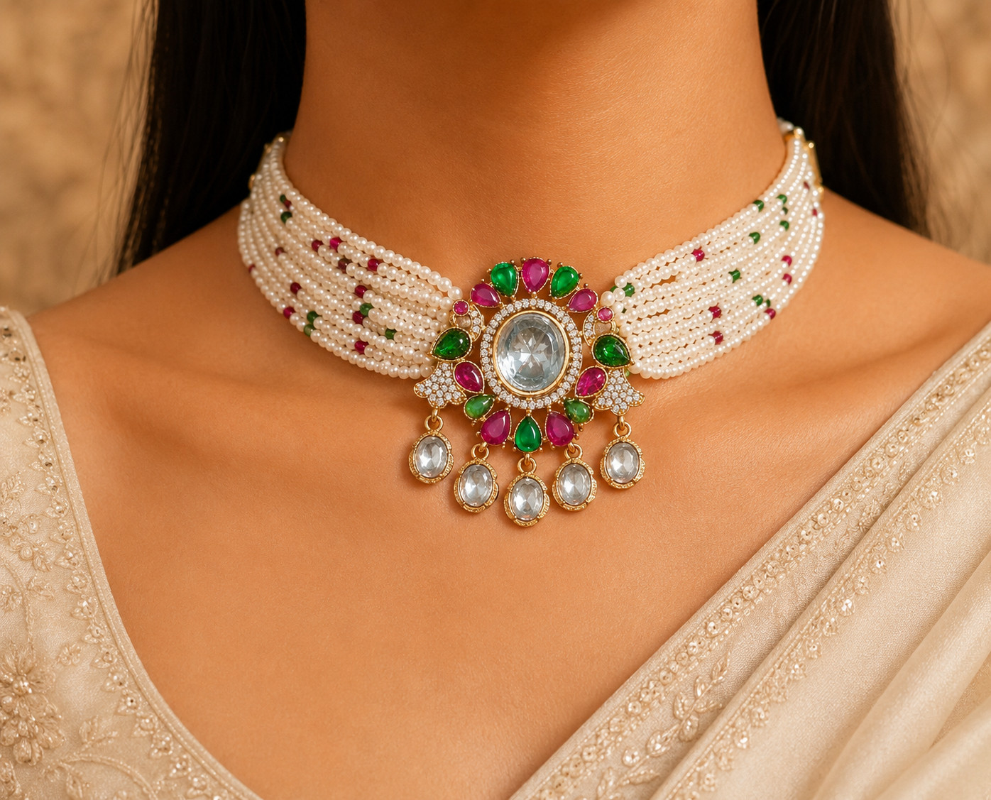 Dana Emerald Ruby Studded Multi Strand Pearl Kundan Choker Set Roz Jewellers.