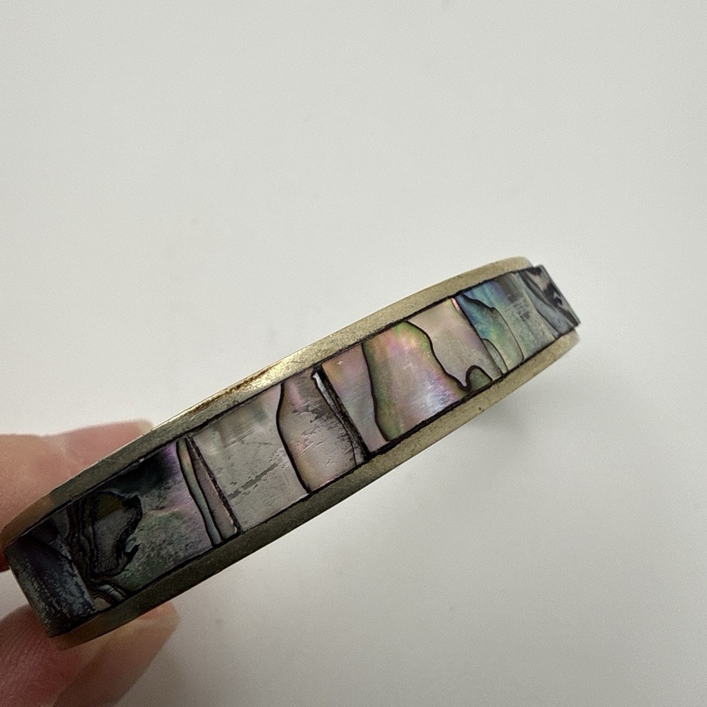 Alpaca Abalone Shell Inlay Silver Tone Open Cuff Bracelet, Signed Sizable