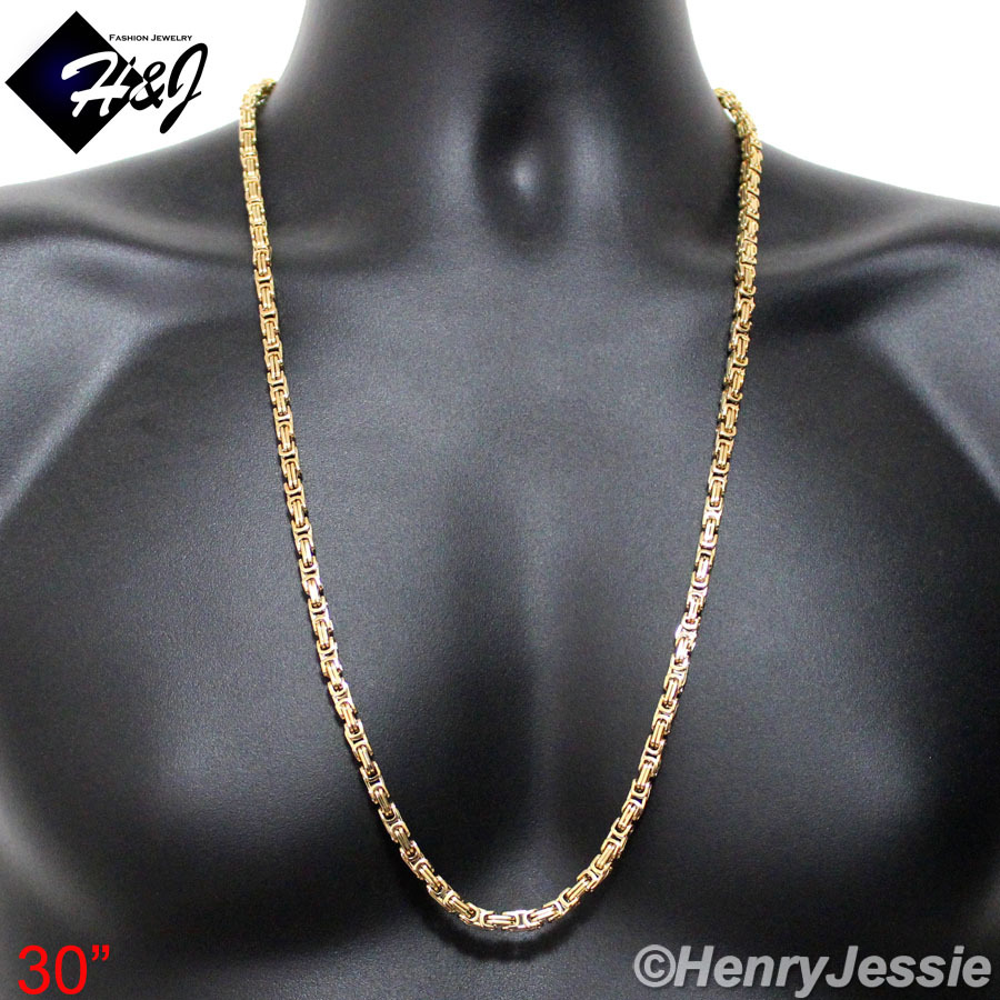 18-40″MEN’s Stainless Steel 4mm Gold Plated Byzantine Box Link Chain Necklace