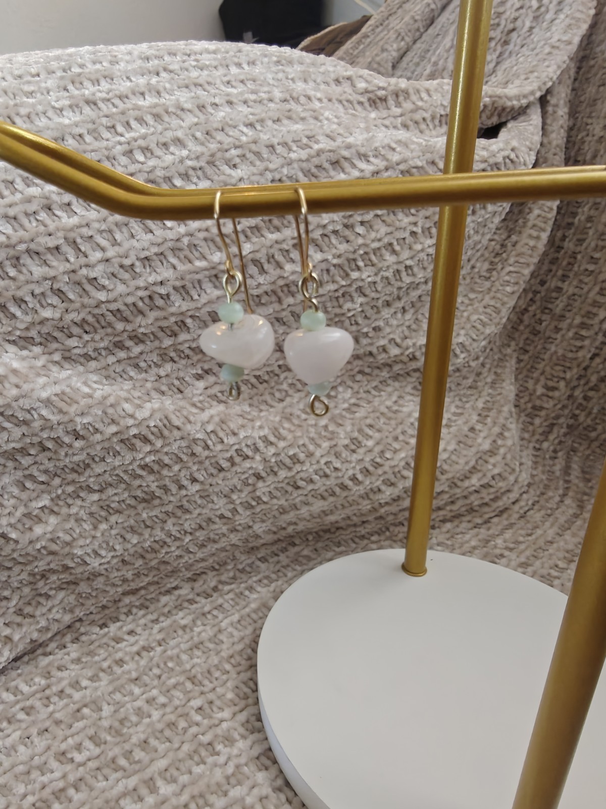 White Natural Stone Beaded Dangle Drop Hook Earrings- Handmade.