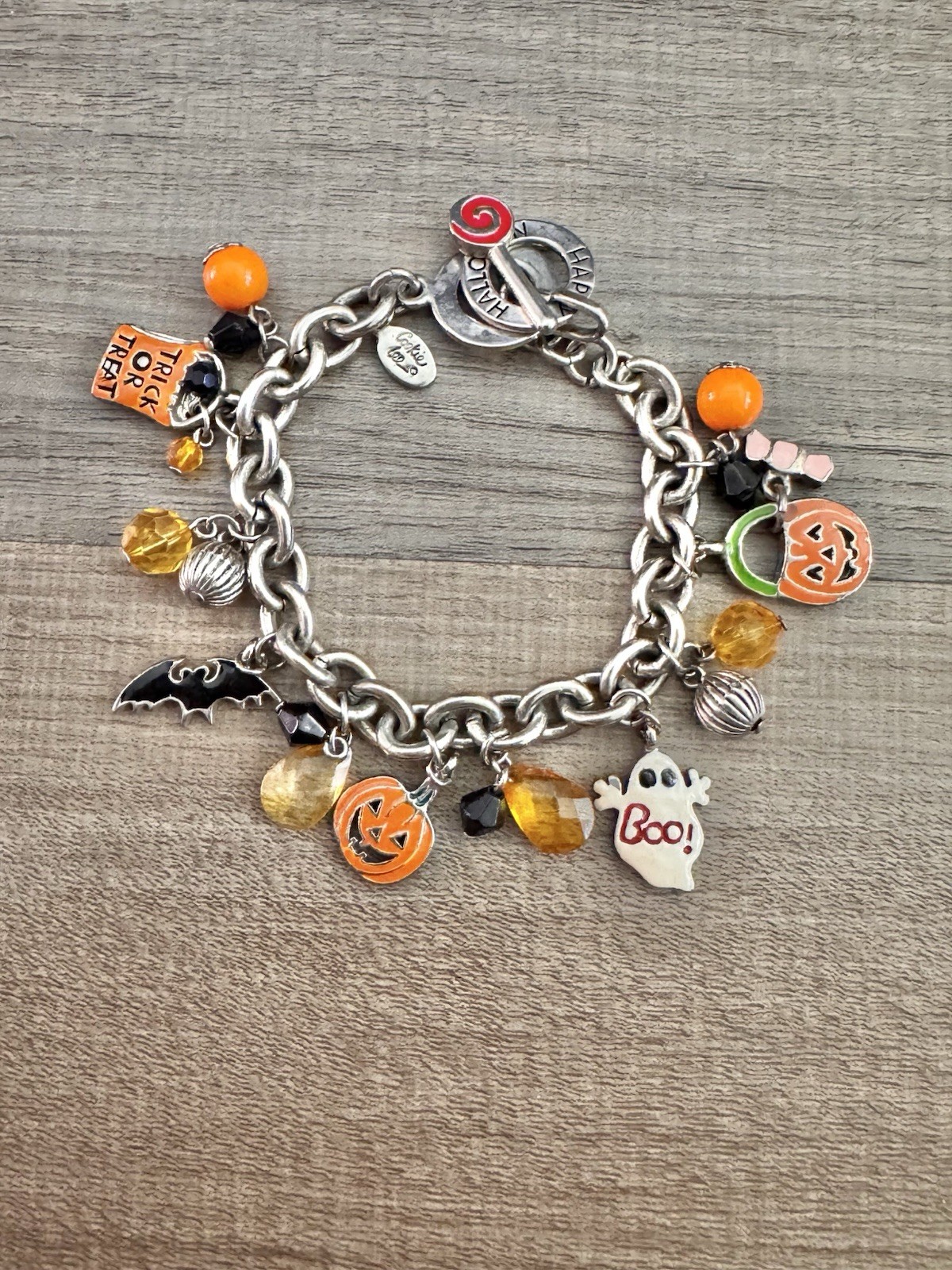 Cookie Lee Vintage Halloween Charm Bracelet Bat Pumpkin Ghost Design Silver Tone