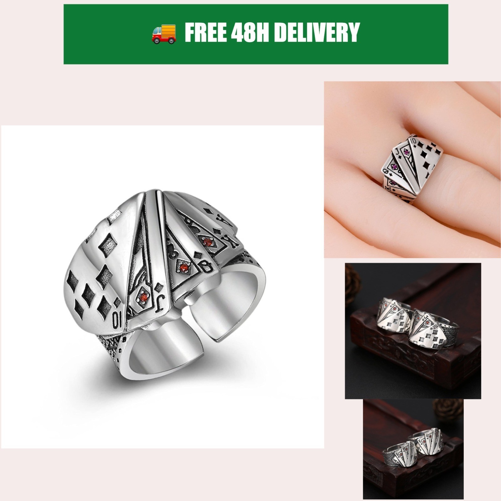 Poker Card Ring Adjustable Spade Flush Red Square Punk Jewelry