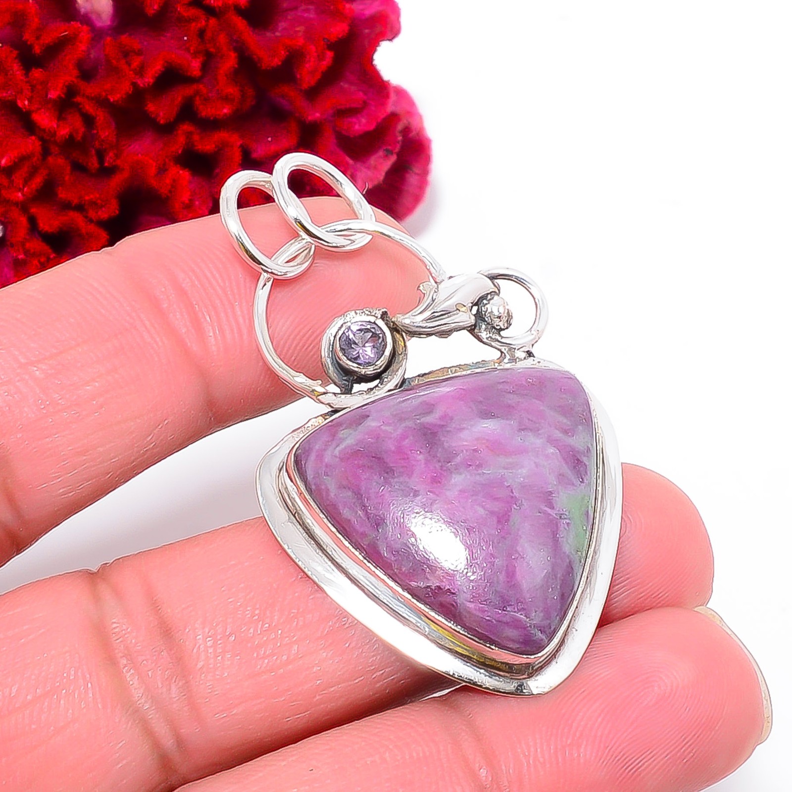 Natural Ruby With Zoisite & Green Amethyst 925 Silver Pendant 2.00″ P742