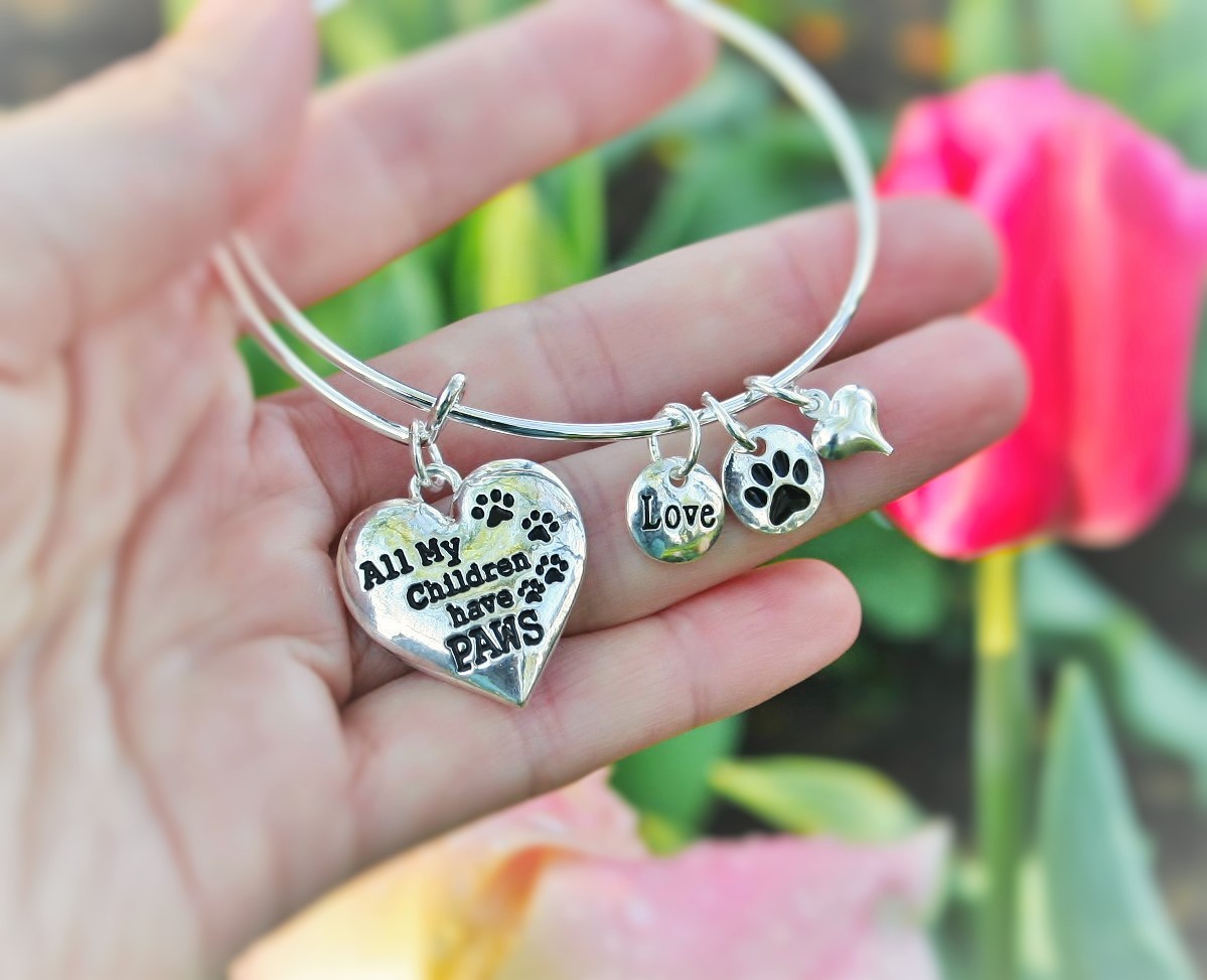 Pet Mom Expandable Wire Bangle Bracelet Paw Print Sterling Silver Plt Dog Cat