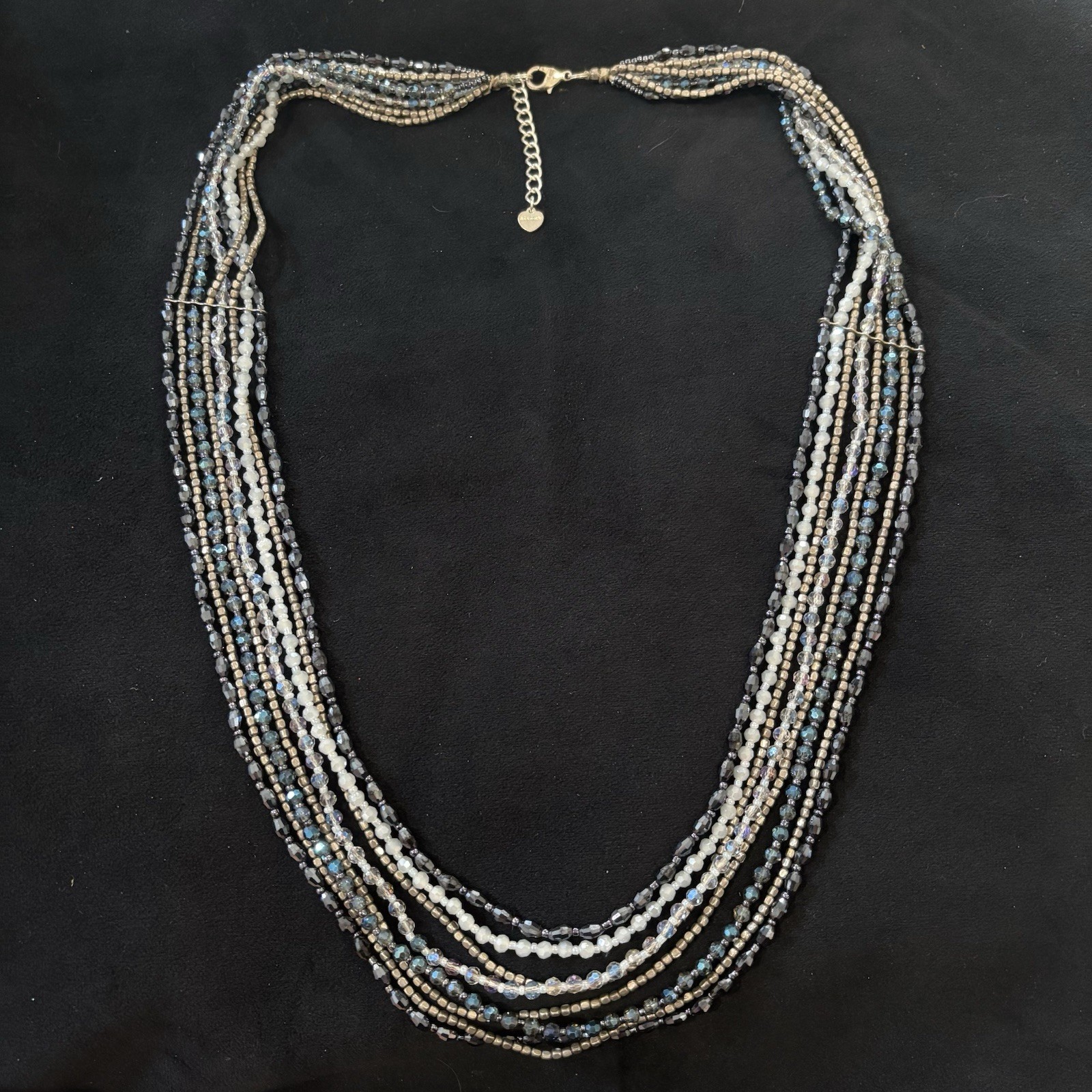 Nakamol 8 Strand Beaded Necklace Light Blue Gunmetal AB Glass 30-34”