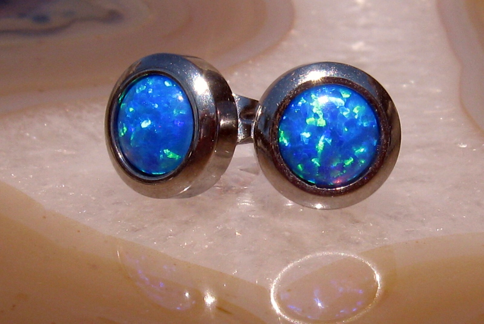 Surgical Stainless Steel (316L) Stud Earrings With Bevel Set Synthetic Opal