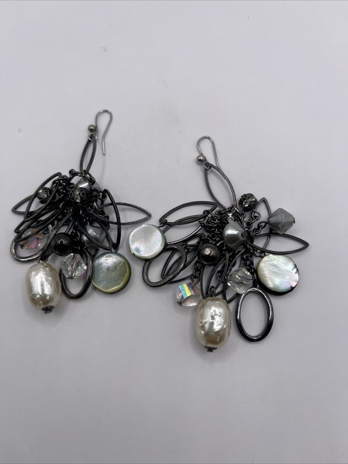 Long Bunched Round Silver Beaded Earrings