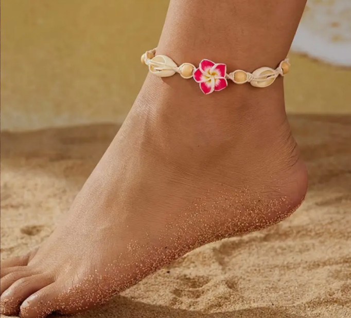 Hibiscus Anklet Seashell Ankle Bracelet Macrame Pink Beach Flower Hawaiian Surf