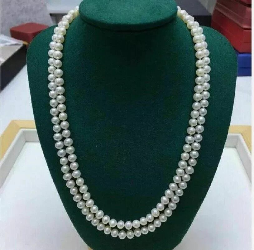 35inch long strands AAA++ 7-8mm natural Akoya white pearl necklace 14k