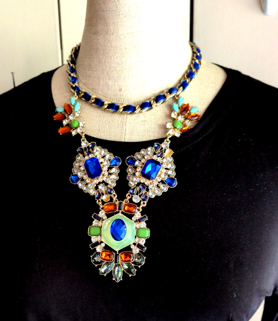ZARA STATEMENT NECKLACE Glass Rhinestones JEWELS Gold Chain Velvet Ribbon