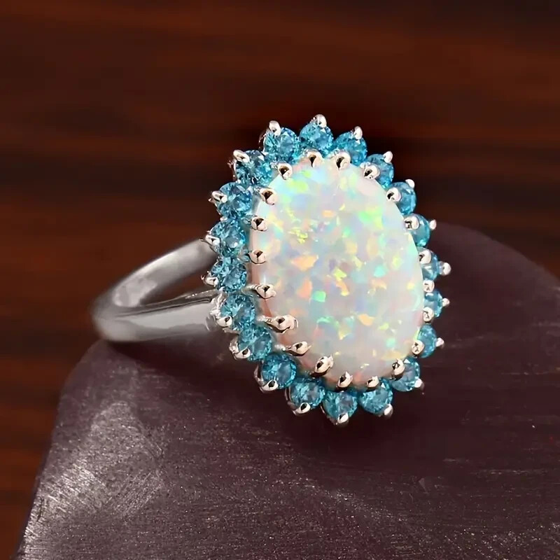 Elegant 925 Sterling Silver Fire Rainbow Opal Blue Topaz Engagement Ring Size 8