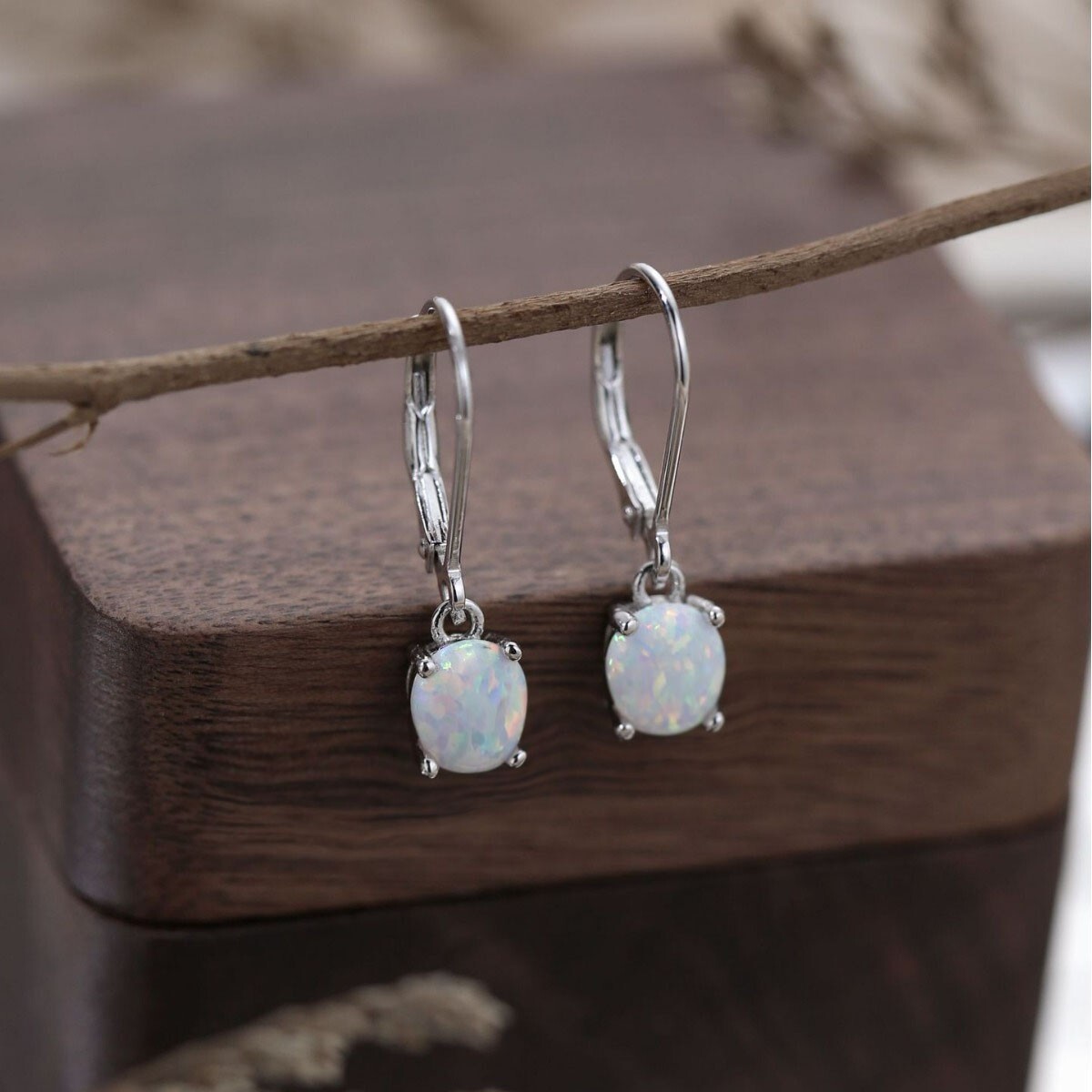 White Fire Opal Dangle Earring Silver Drop Hoop Daily Women Earrings gift